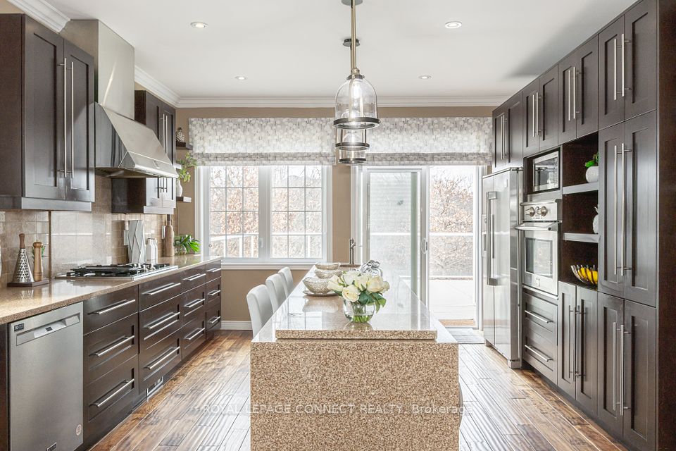 Stainless steel professional grade appliances.