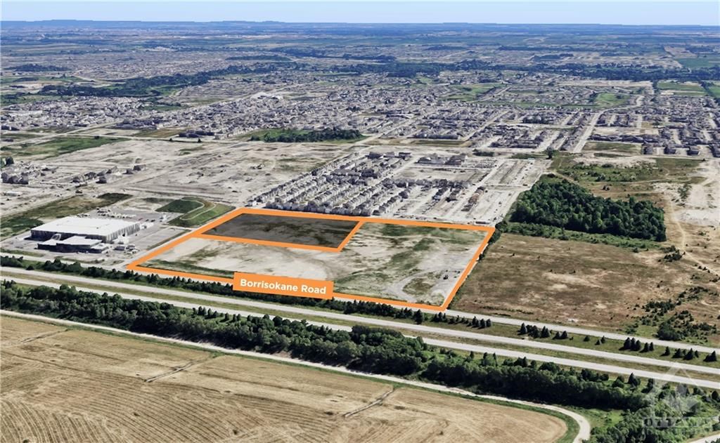 3809 Borrisokane Road is 34.088 acres (1,484,873.28 sq. ft.) of vacant land, located in the rapidly developing community of Barrhaven, in Ottawas southwest end. Located east of the Veterans Memorial Highway (HWY-416), plans for a new interchange to be built at Barnsdale Road, approximately 1.4 kilometers from the property location, have been finalized and the project is shovel-ready. An application is underway to have the zoning changed from RU[2618] to IL - Light Industrial. Please do not enter property without Listing Brokers.  Please note that while the Seller's asking price is $1,350,000 per acre, smaller parcels of land would only be sold a premium price basis. See attached flyer.